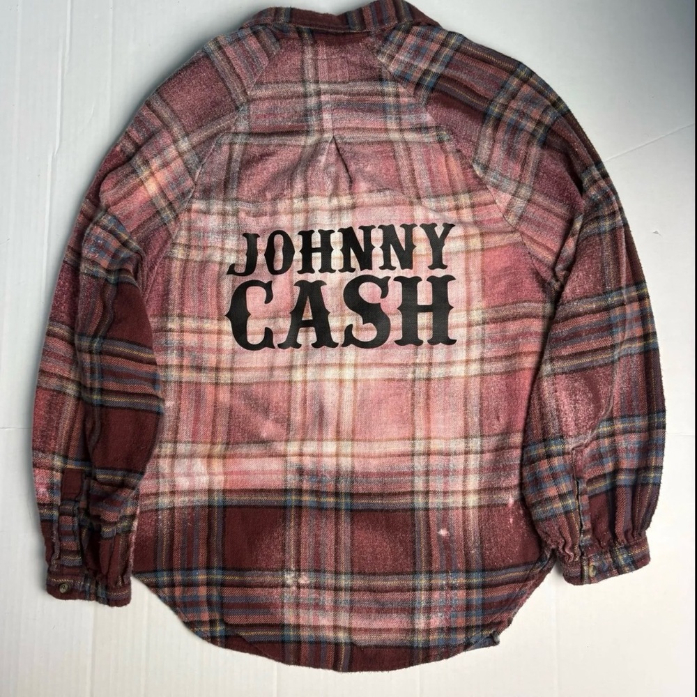 Upcycled Johnny Cash Women Small Shirt Flannel Soft Maroon Plaid Distressed